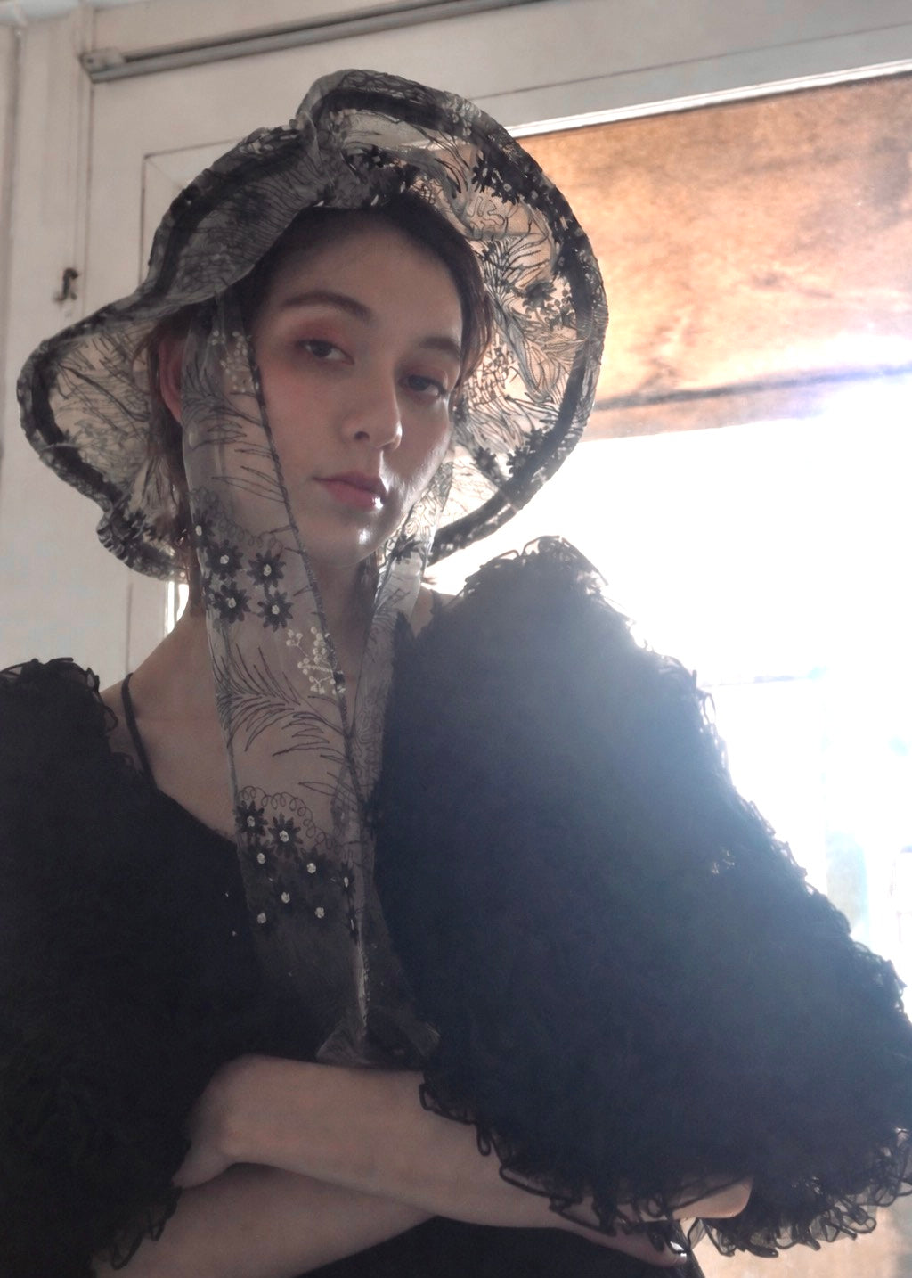 Astera Black | Embroidered Lace Veil Hat