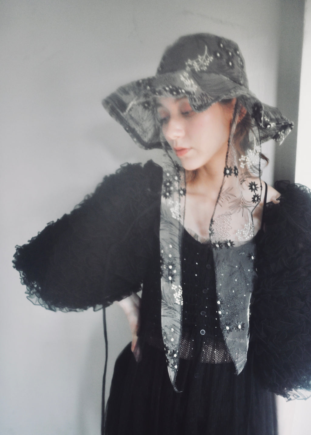 Astera Black | Embroidered Lace Veil Hat